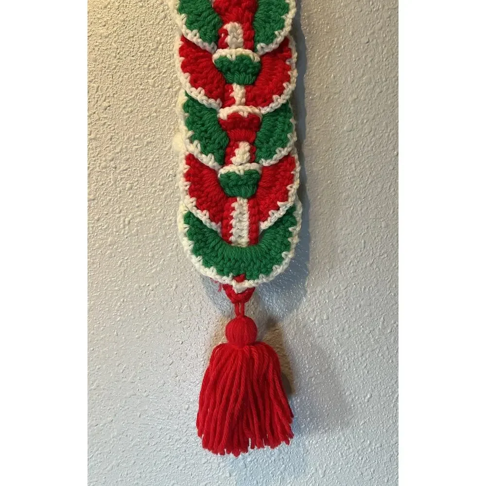 Handmade Crocheted Christmas Bell Santa Wall Hanging 31” Vintage Holiday Kitsch